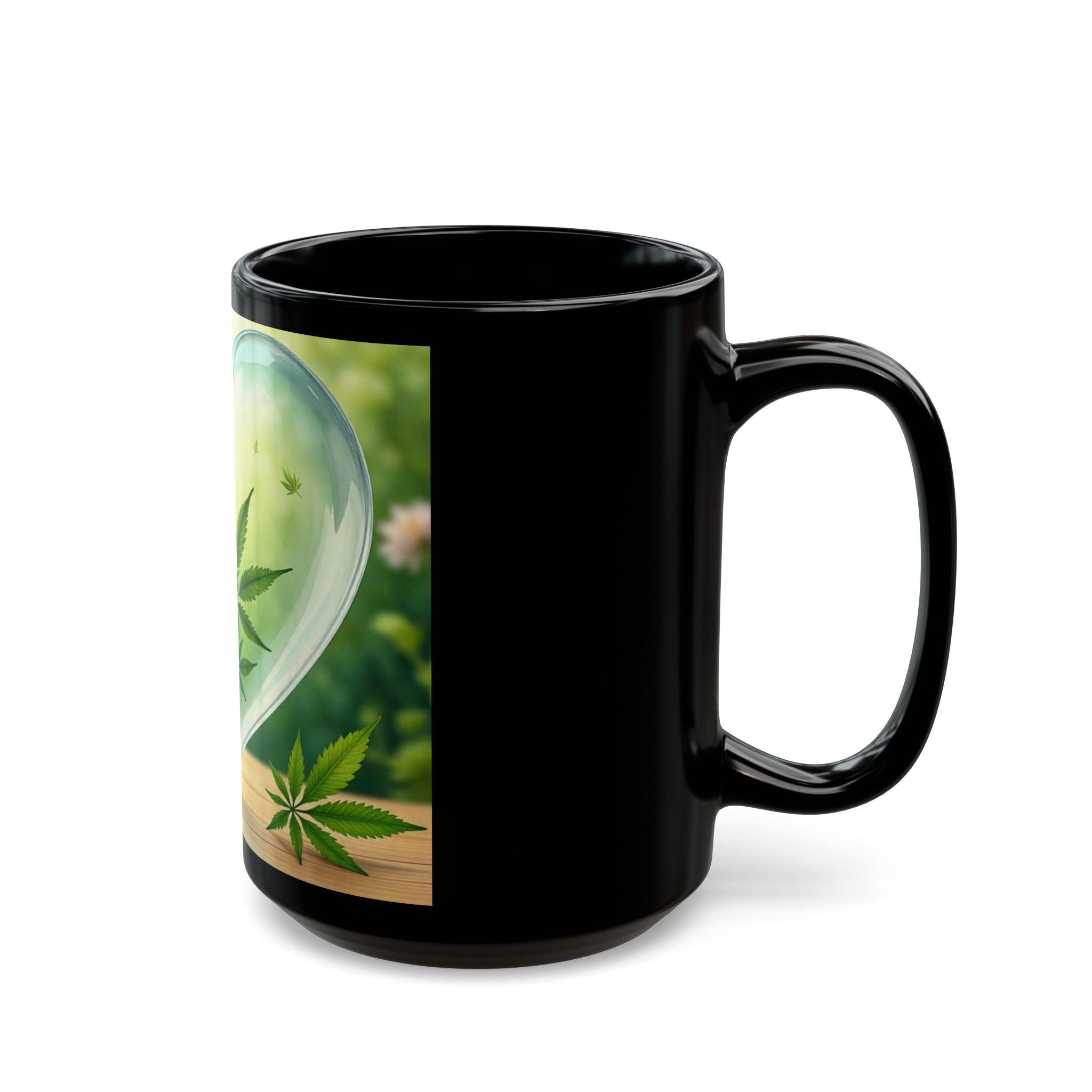 Heart-Shaped Cannabis Black Mug, Eco-Friendly Coffee Cup, Cannabis Lover Gift, 420 Mug for Home or Office, Unique Art Mug