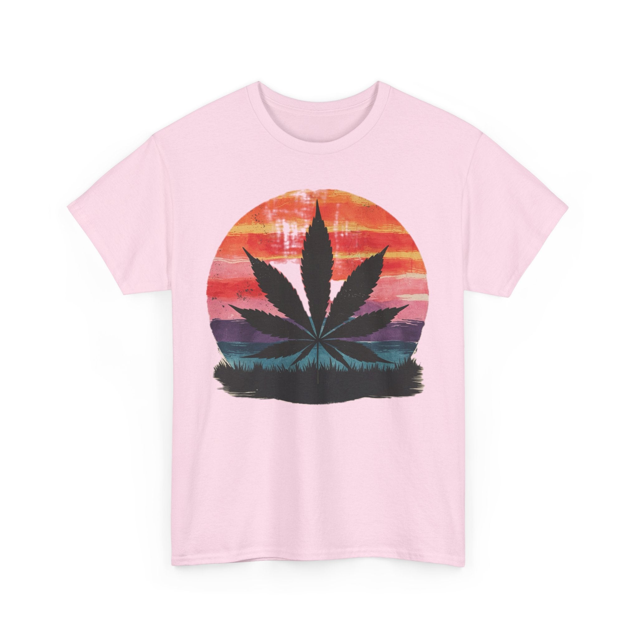 Vintage Sunset Cannabis Shirt, Unisex Heavy Cotton Tee for Festivals, Summer Vibes, Relaxation Wear