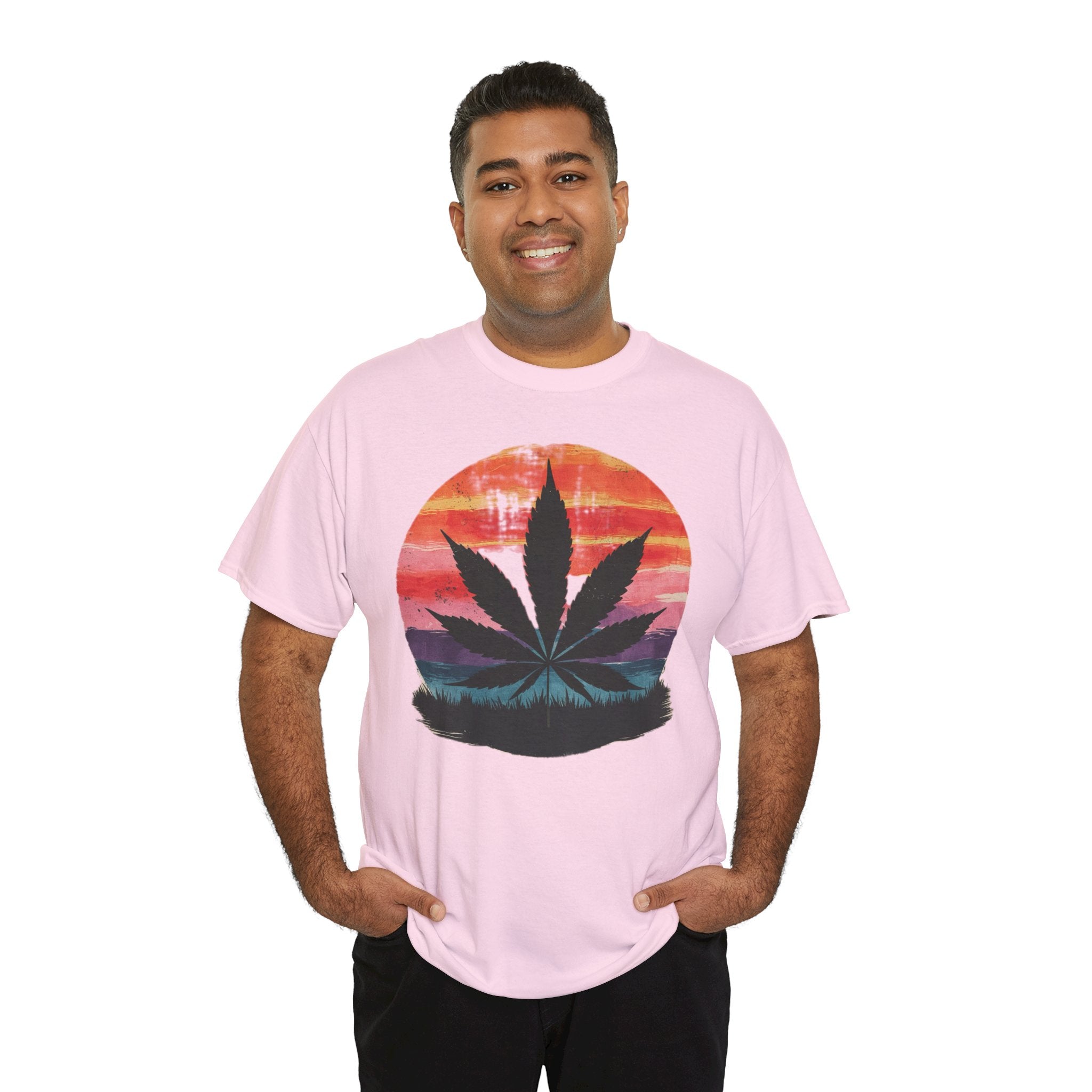 Vintage Sunset Cannabis Shirt, Unisex Heavy Cotton Tee for Festivals, Summer Vibes, Relaxation Wear
