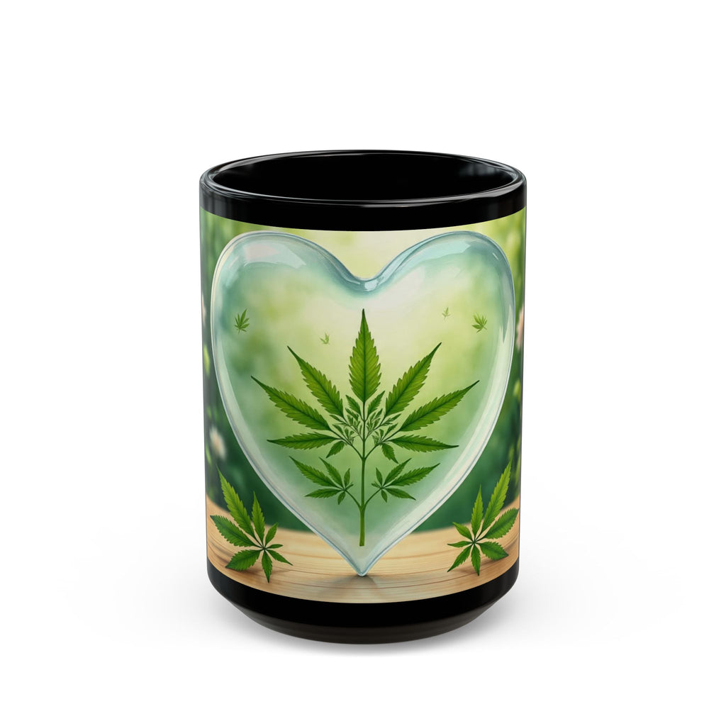 Heart-Shaped Cannabis Black Mug, Eco-Friendly Coffee Cup, Cannabis Lover Gift, 420 Mug for Home or Office, Unique Art Mug
