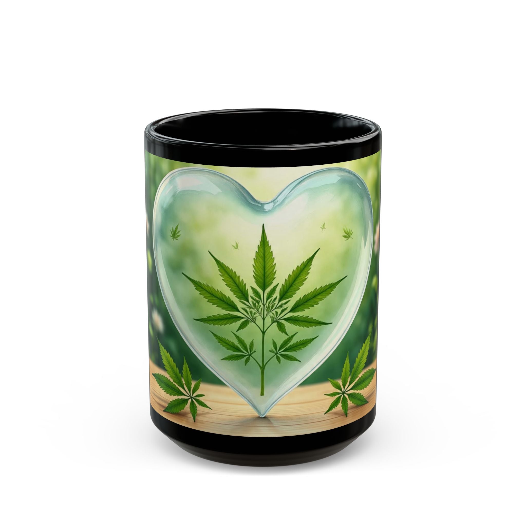 Heart-Shaped Cannabis Black Mug, Eco-Friendly Coffee Cup, Cannabis Lover Gift, 420 Mug for Home or Office, Unique Art Mug