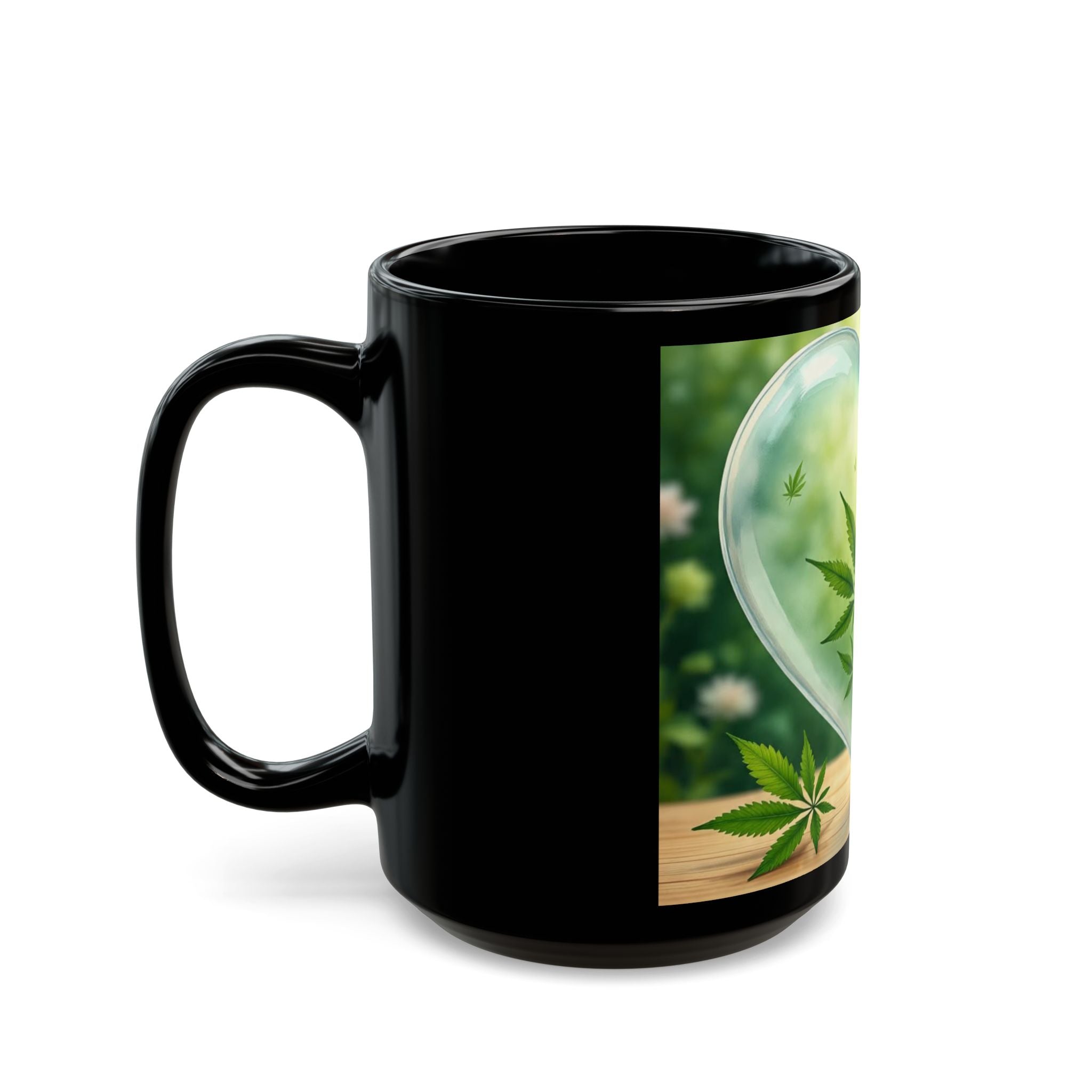Heart-Shaped Cannabis Black Mug, Eco-Friendly Coffee Cup, Cannabis Lover Gift, 420 Mug for Home or Office, Unique Art Mug