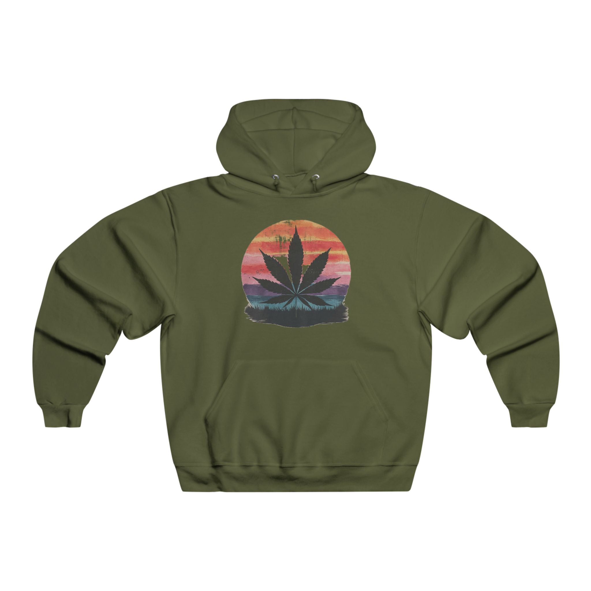Men's Hooded Sweatshirt with Sunset Cannabis Design, Cozy Hoodie, Unisex Streetwear, Gift for 420 Celebrations, Chill Vibes