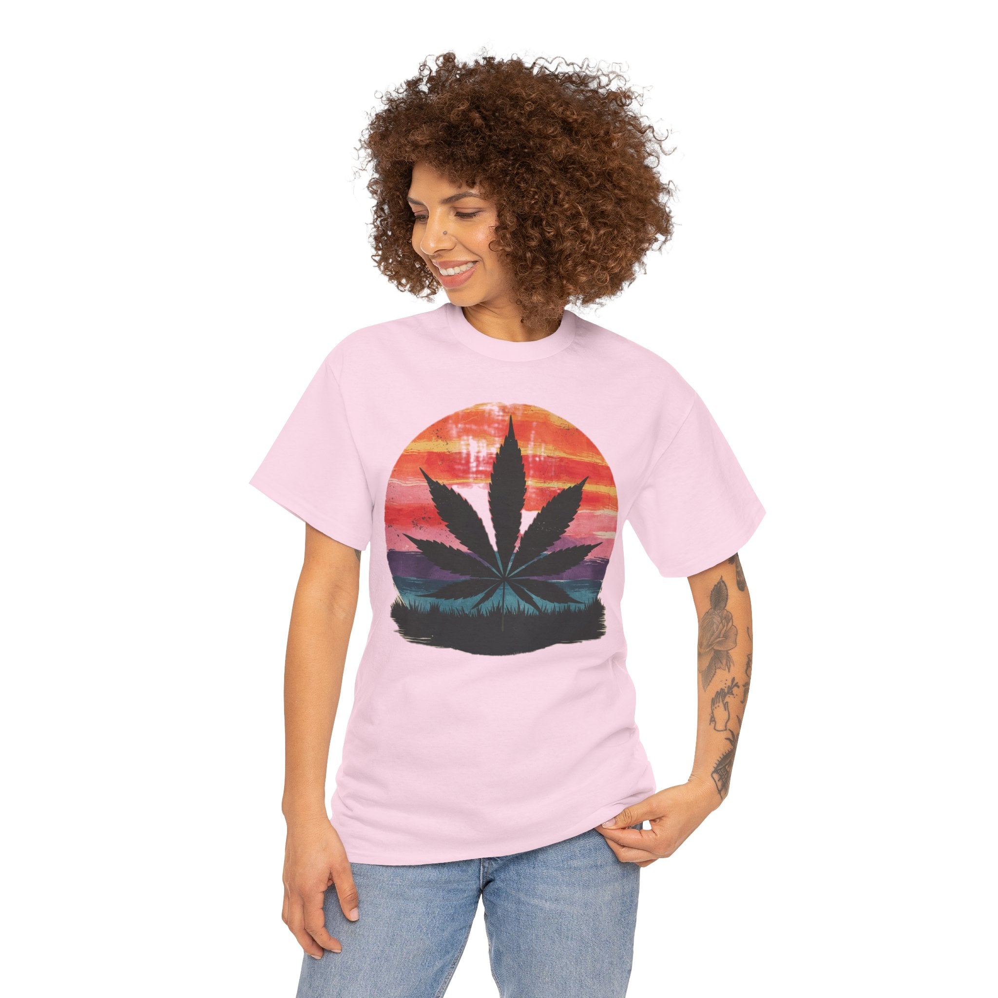 Vintage Sunset Cannabis Shirt, Unisex Heavy Cotton Tee for Festivals, Summer Vibes, Relaxation Wear