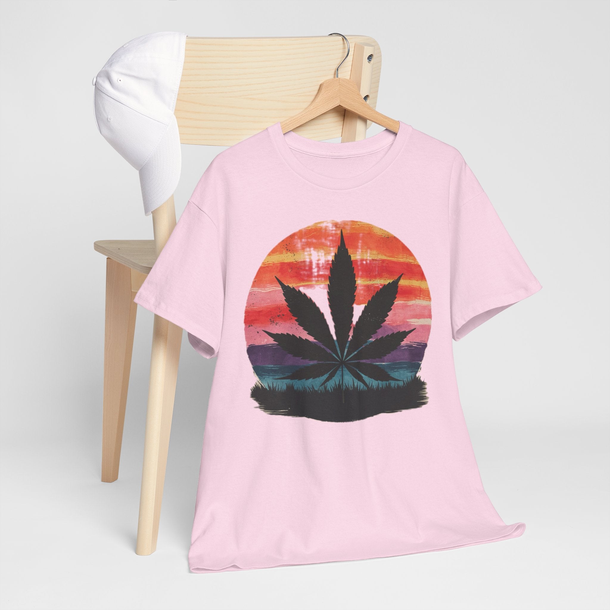 Vintage Sunset Cannabis Shirt, Unisex Heavy Cotton Tee for Festivals, Summer Vibes, Relaxation Wear