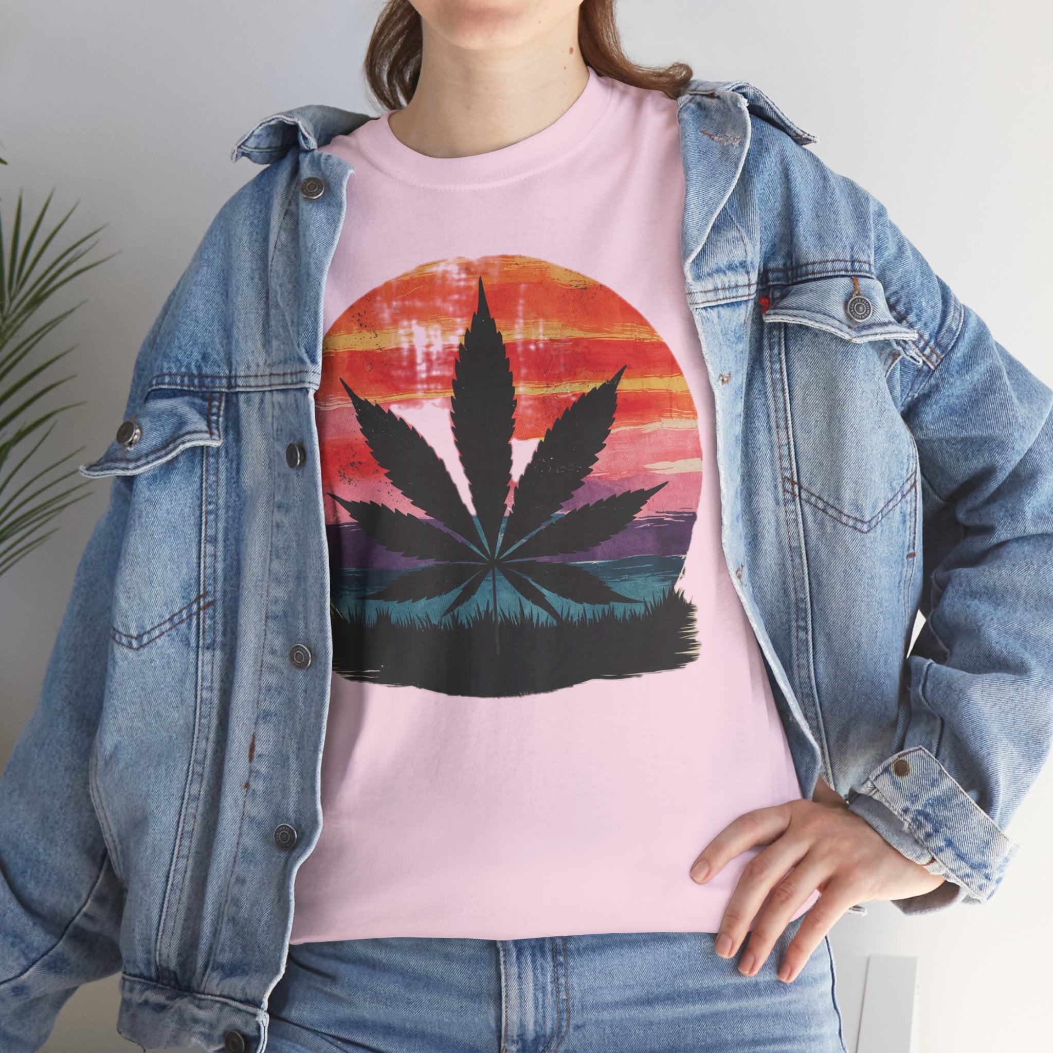 Vintage Sunset Cannabis Shirt, Unisex Heavy Cotton Tee for Festivals, Summer Vibes, Relaxation Wear